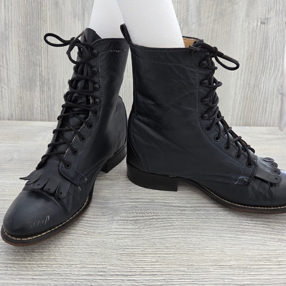 Laredo Packer Boots Black Leather Lace Up Kiltie Fringe Women 7 - Picture 2 of 11